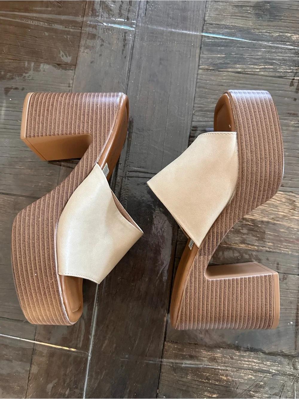 Neutral Beige Slide Platform Mules with Block Heel - Women